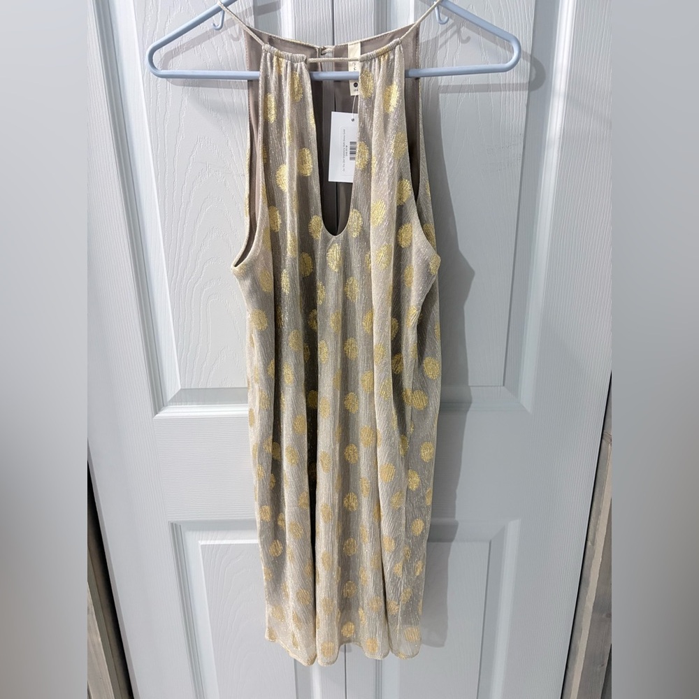 NWT Tyche Beautiful Tan/Gold Polka Dot On the dot shimmery shift lined dress M